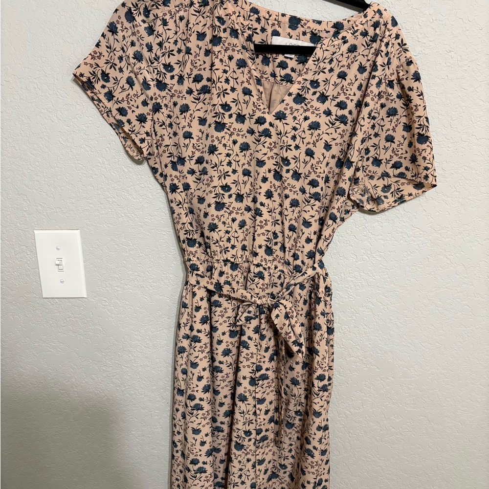 LOFT Beige and Navy Floral Midi Dress